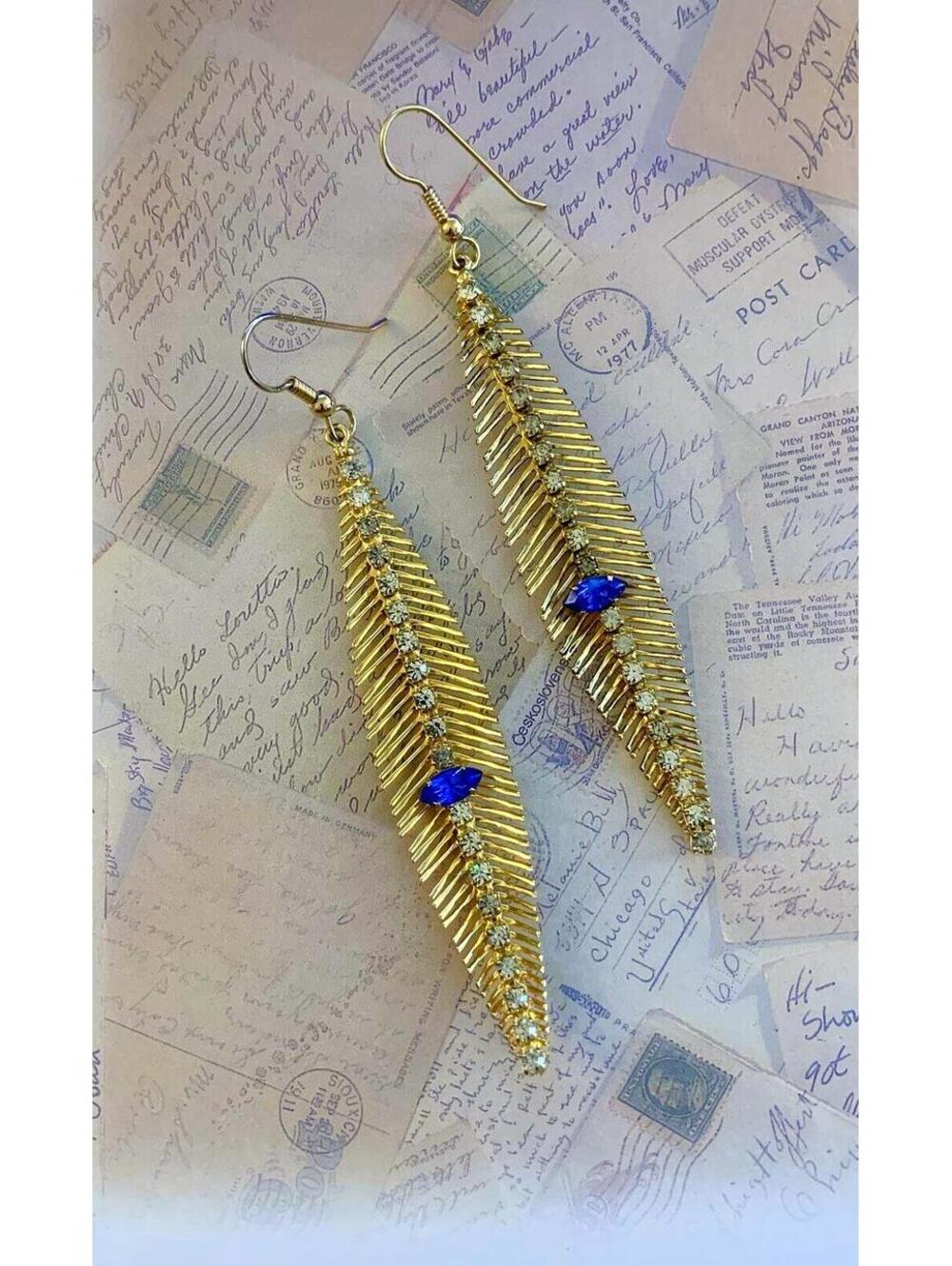 Vintage Gold Leaf Drop Earrings with Blue Gemstone Accent for Christmas Gift